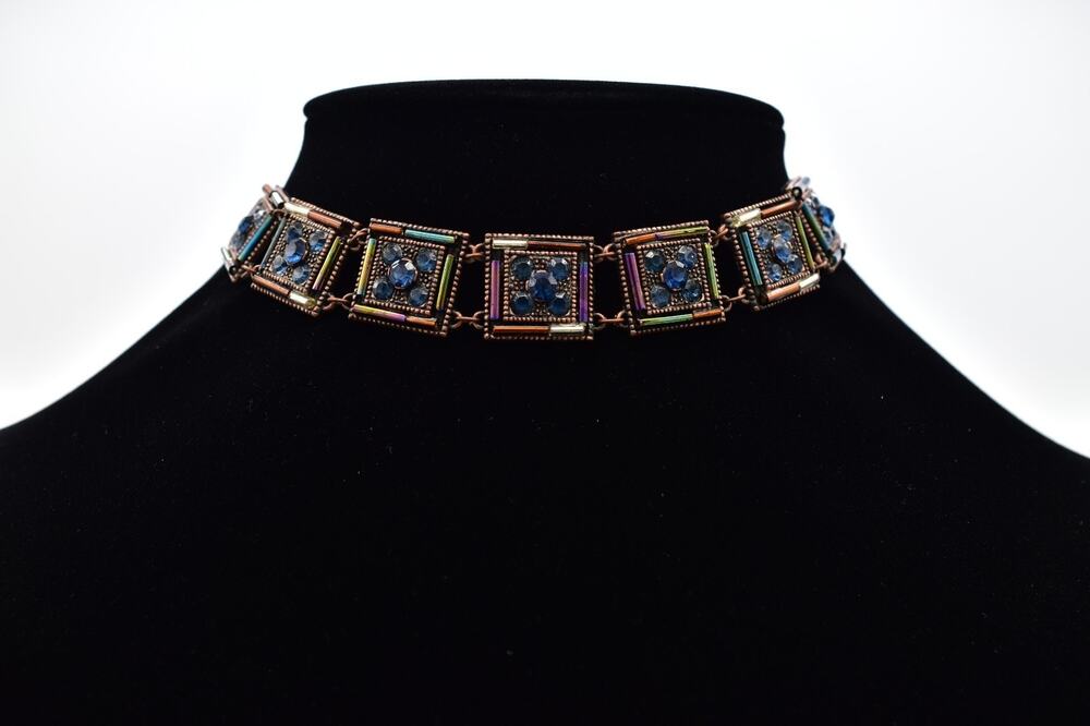Vintage Blue Rhinestone Choker Necklace Copper Tone Iridescent Beaded 1990s BinY